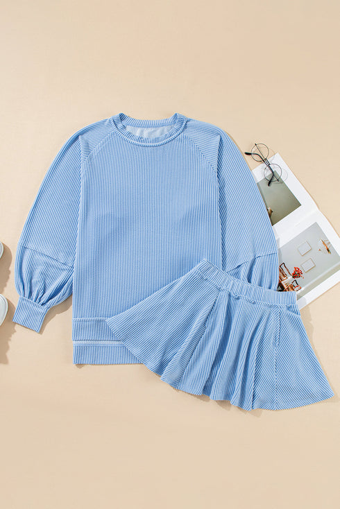 Corded Lantern Sleeve Top Ruffled Mini Skirt Two Piece Dress